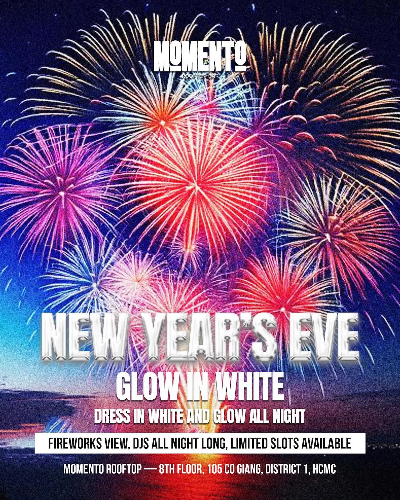 Glow in White New Year’s Eve artwork for Momento Rooftop in Saigon with fireworks view.